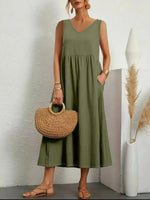Full Size Pocketed V-Neck Sleeveless Midi Dress Plus Size