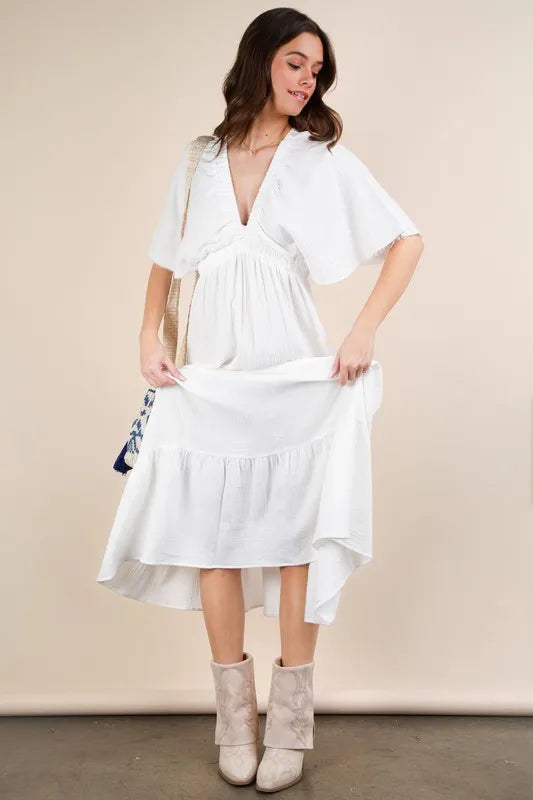 VERY J Mineral Washed Elastic Neck Detail Midi Dress