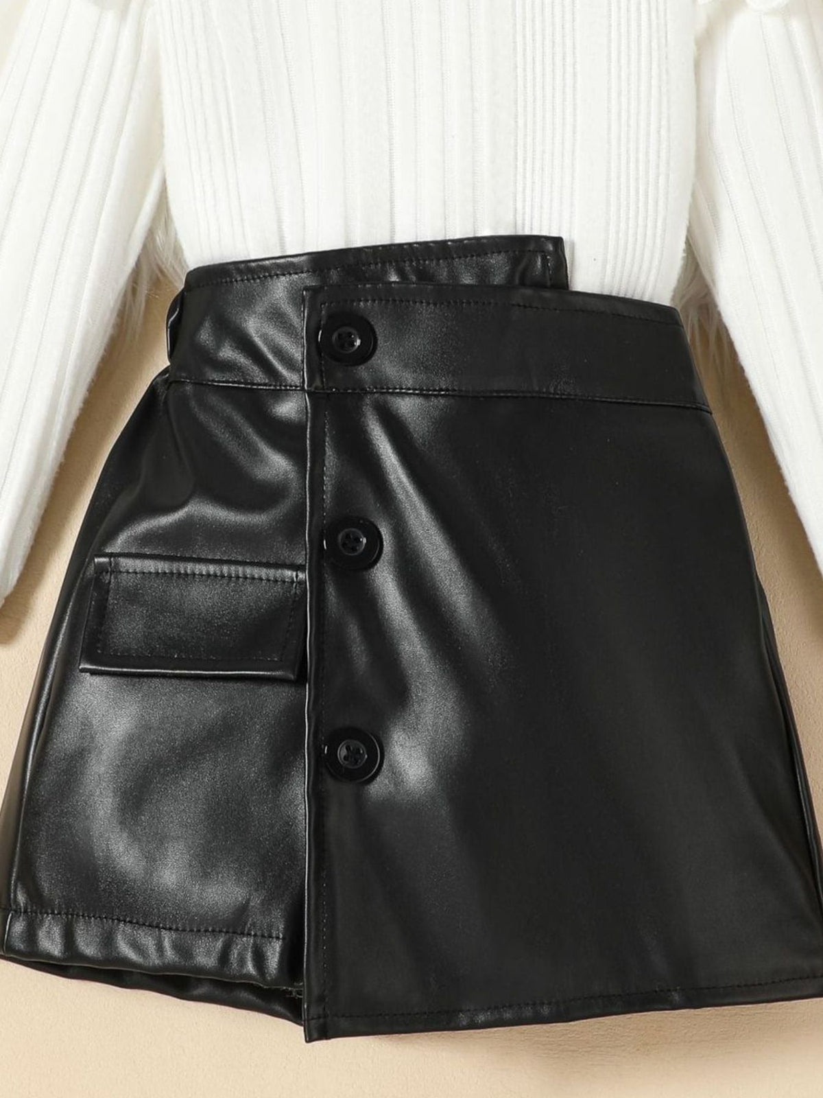 Children's Ribbed Knit Top and Leather Skirt Set