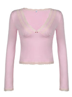 Lace Trim V-Neck Long Sleeve Top