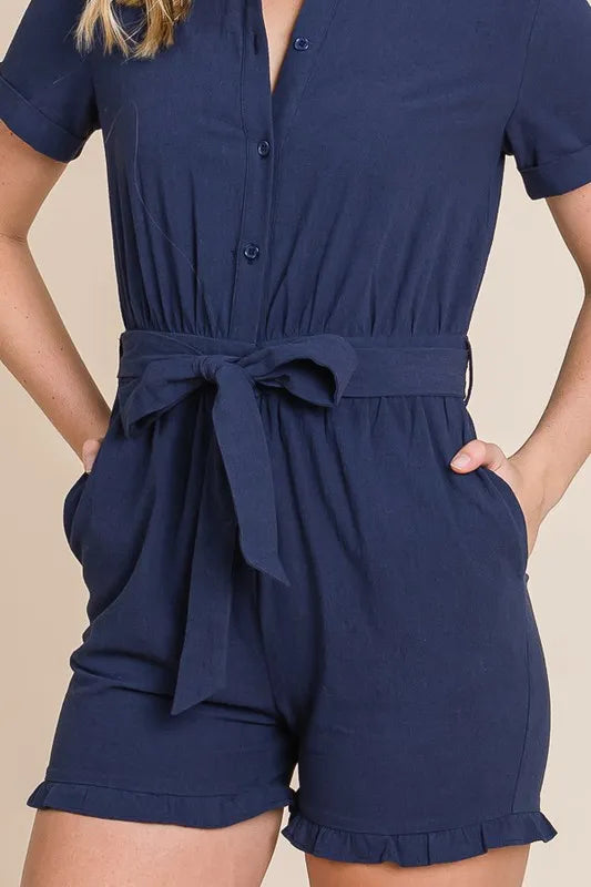 Lime 'N' Chili Collared Button Down Romper with Tie Belt
