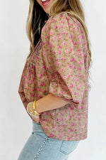 Floral Print Bow Pintuck Bust Half Puff Sleeve Blouse Top