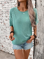 Pearl Detail Round Neck Short Sleeve T-Shirt