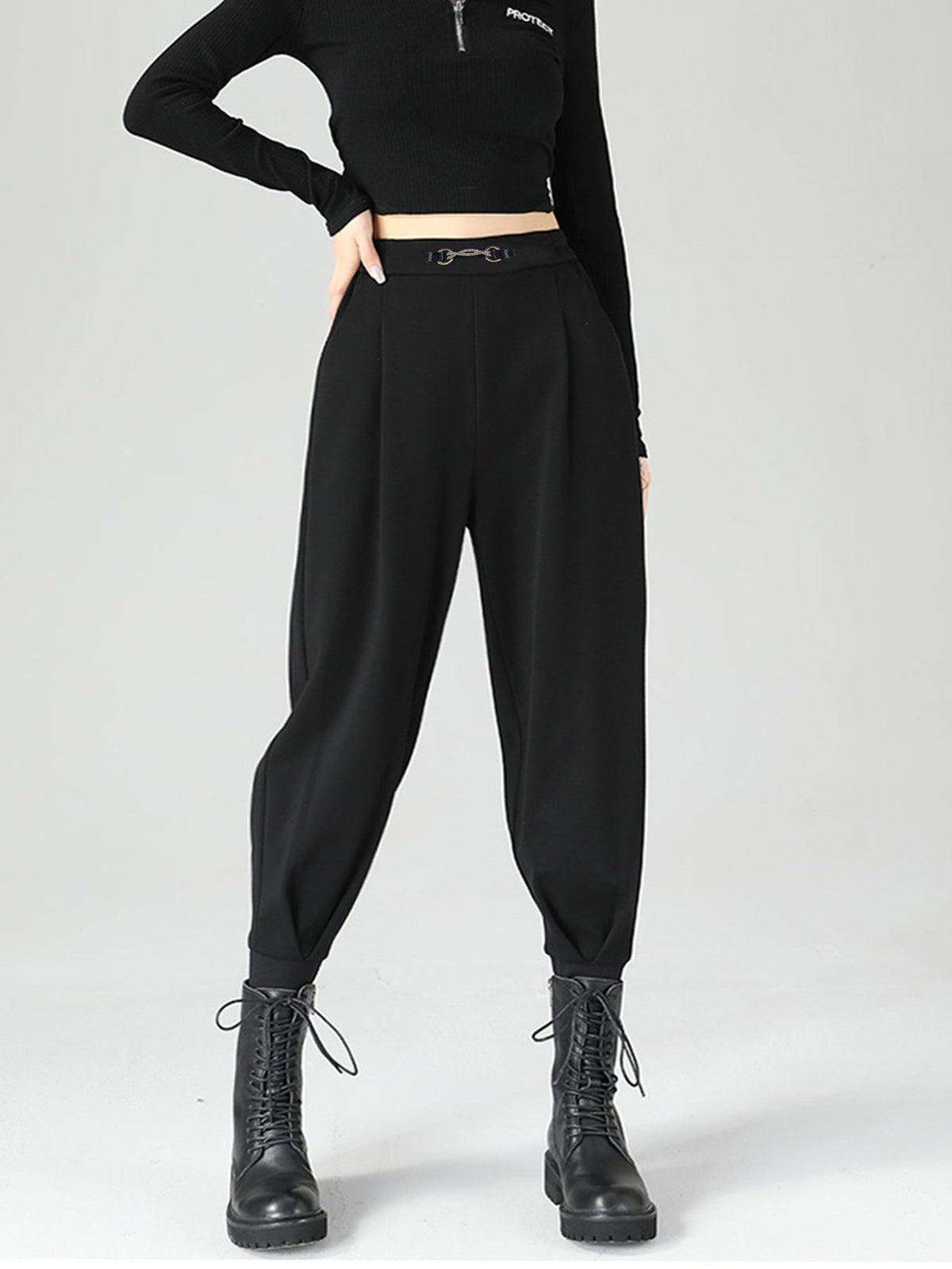 High-Waisted Buckle Detail Tapered Pants