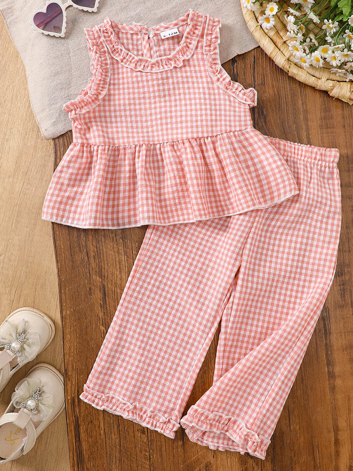Children's Gingham Ruffle Trim Sleeveless Top & Pants Set