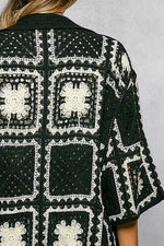 POL Button Down Openwork Floral Crochet Shirt with Granny Square Pattern