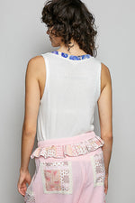POL Ribbed V-Neck Tank with Contrast Floral Neckband