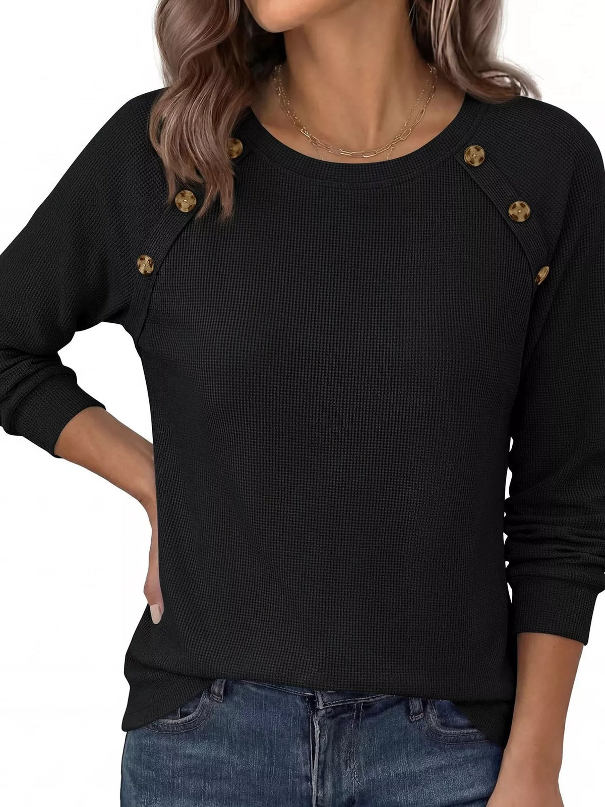 Decorative Button Waffle Knit Long Sleeve T-Shirt