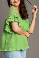 Umgee Full Size Cotton Gauze Round Neck Ruffle Eyelet Layered Sleeve Blouse Plus Size