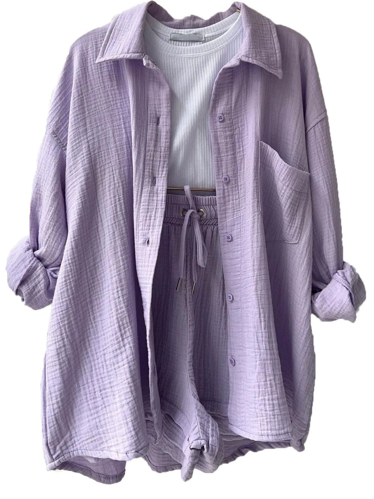 Textured Button Up Shirt and Shorts Set