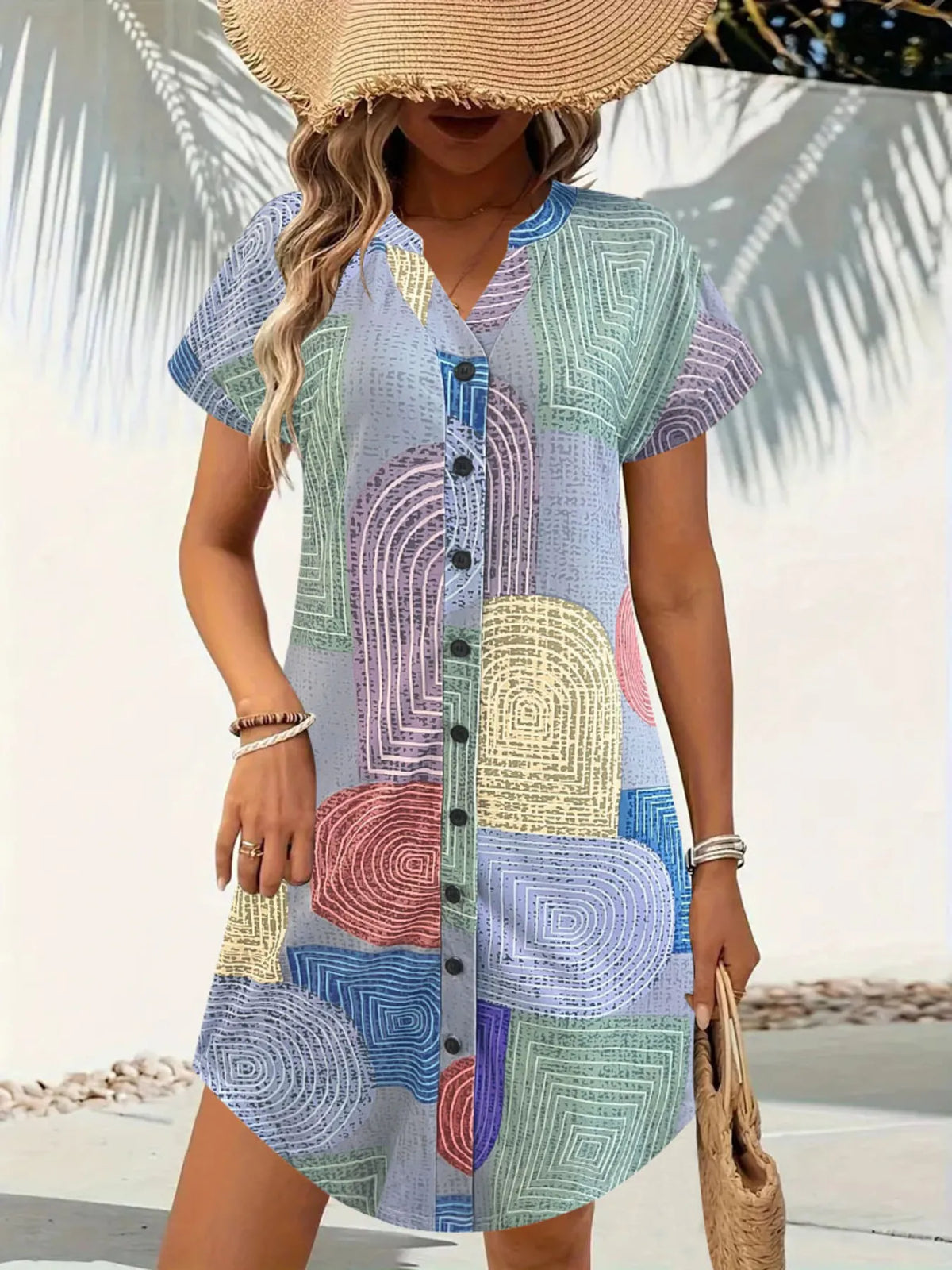 Geometric V-Neck Short Sleeve Button-Front Dress