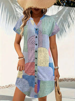 Geometric V-Neck Short Sleeve Button-Front Dress