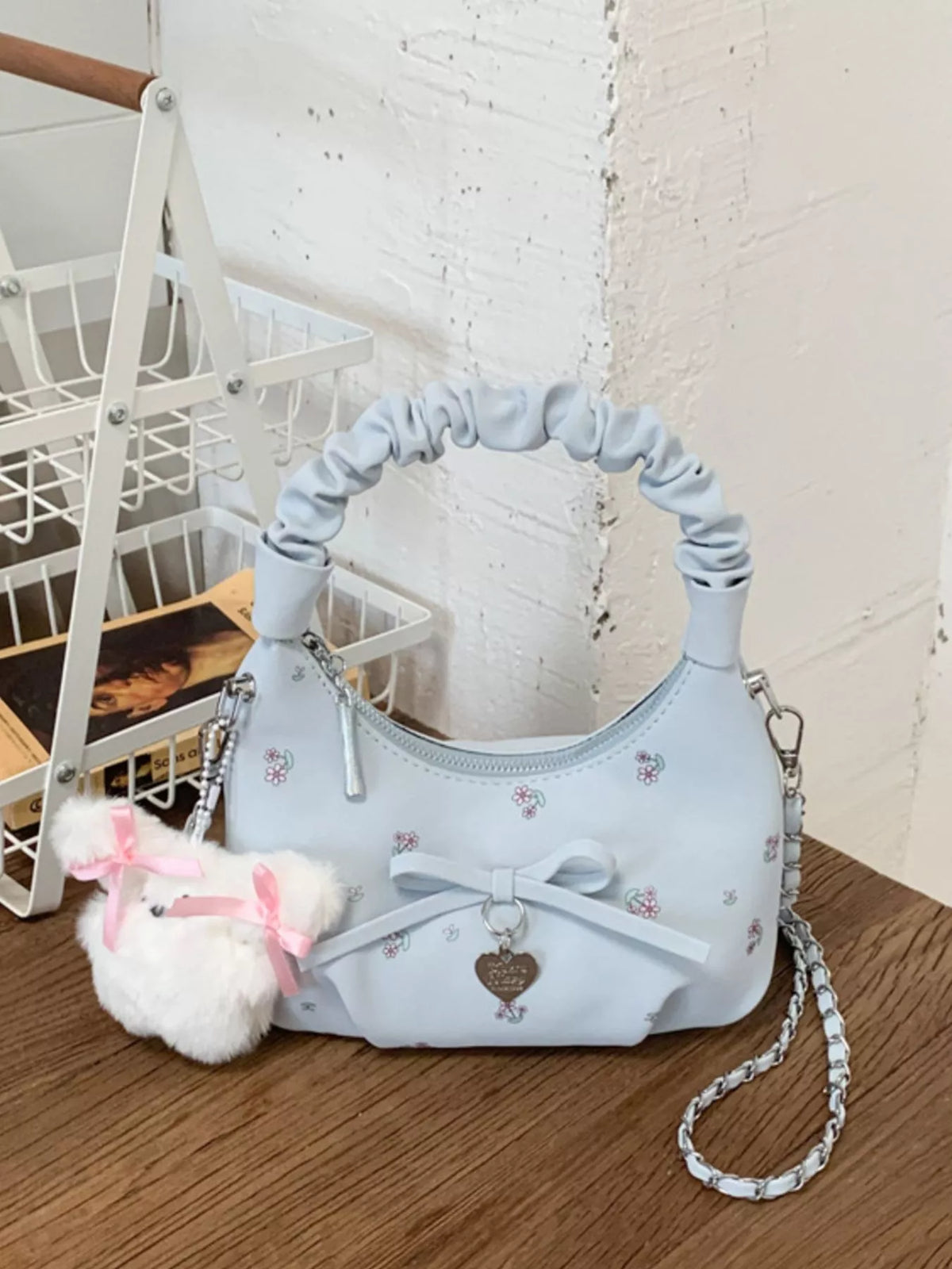 Ruched Handle Crossbody Bag with Bow