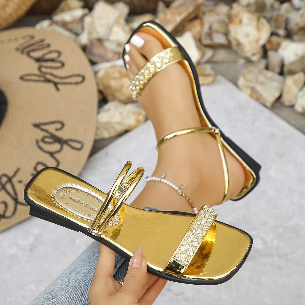 Rhinestone Embellished Flat Sandals
