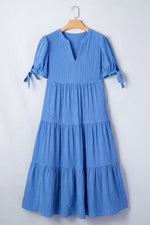 Notched Short Sleeve Tiered Midi Dress