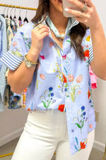 Floral Striped Patchwork Ruffled Collar Short Sleeve Shirt