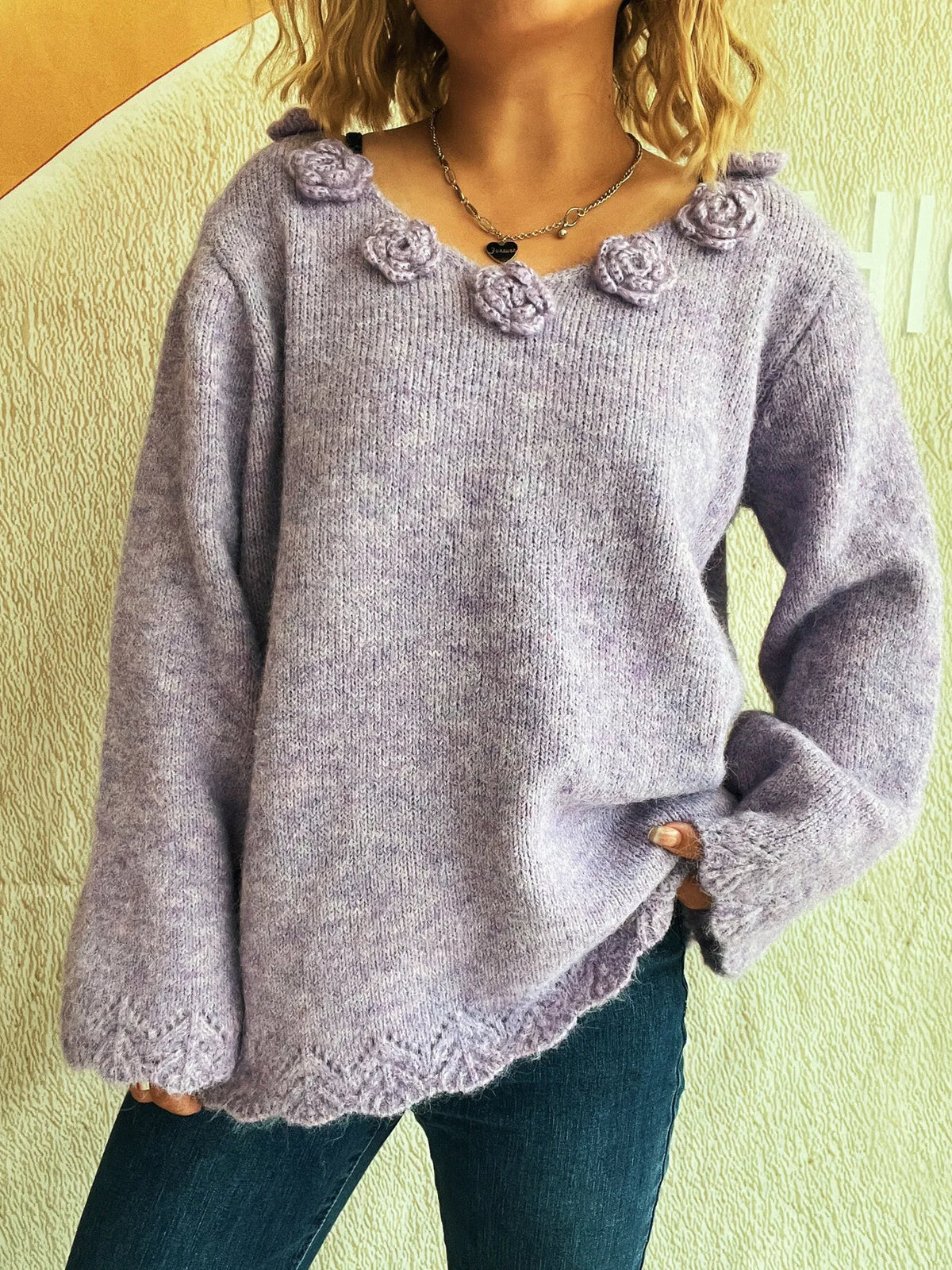 Flower V-Neck Long Sleeve Sweater