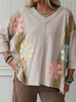 Floral Patch Color Block V-Neck T-Shirt