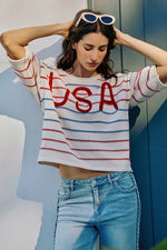 SO ME Usa Stripe Knit Short Sleeves Sweater Top