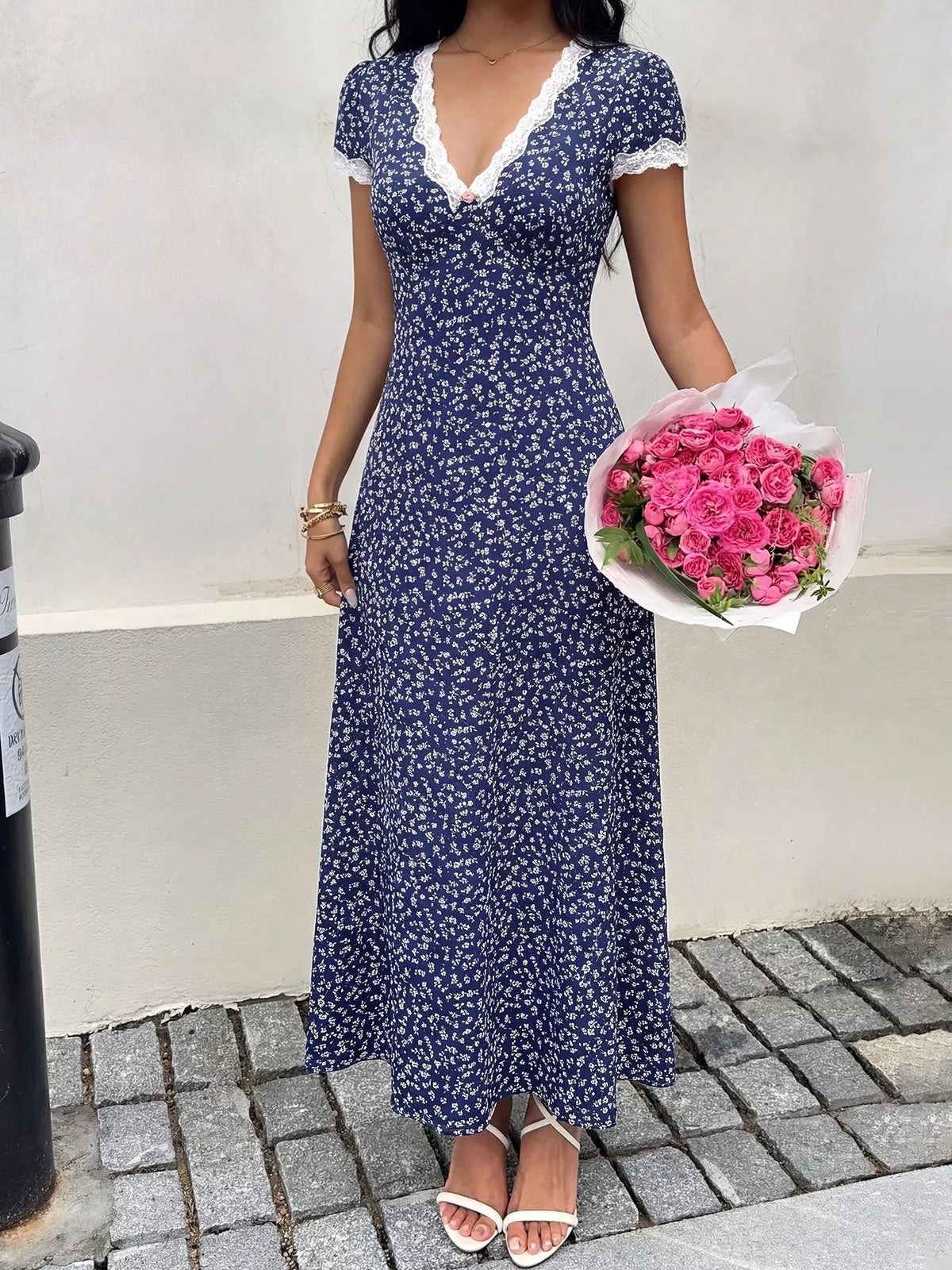 Floral Print Lace Trim Maxi Dress
