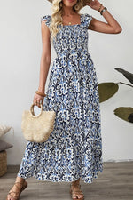 Smocked Printed Square Neck Dress