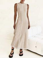 Contrast Stitching Round Neck Sleeveless Midi Dress