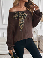 Leopard Bow Dropped Shoulder Sweater