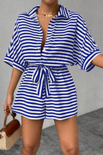 Striped Collared Neck Tie Waist Romper