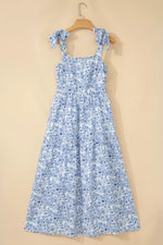 Floral Print Knot Straps High Waist Flared Maxi Dress