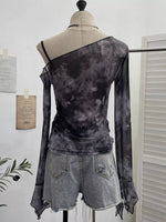 Asymmetrical Neck Denim Patchwork Top