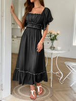 Square Neck Puff Sleeve Ruffle Trim Maxi Dress