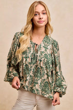 BiBi Printed Woven Front Tied Blouse with Baloon Sleeve