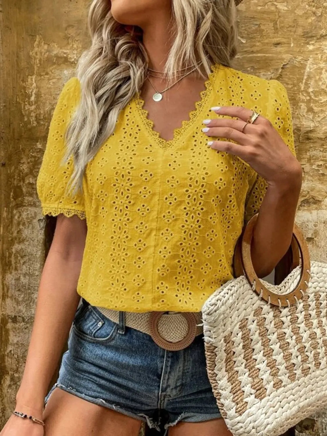 Full Size Lace Detail Eyelet V-Neck Short Sleeve Blouse Plus Size