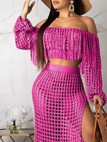 Full Size Crochet Off-Shoulder Fringe Top and Skirt Set Plus Size