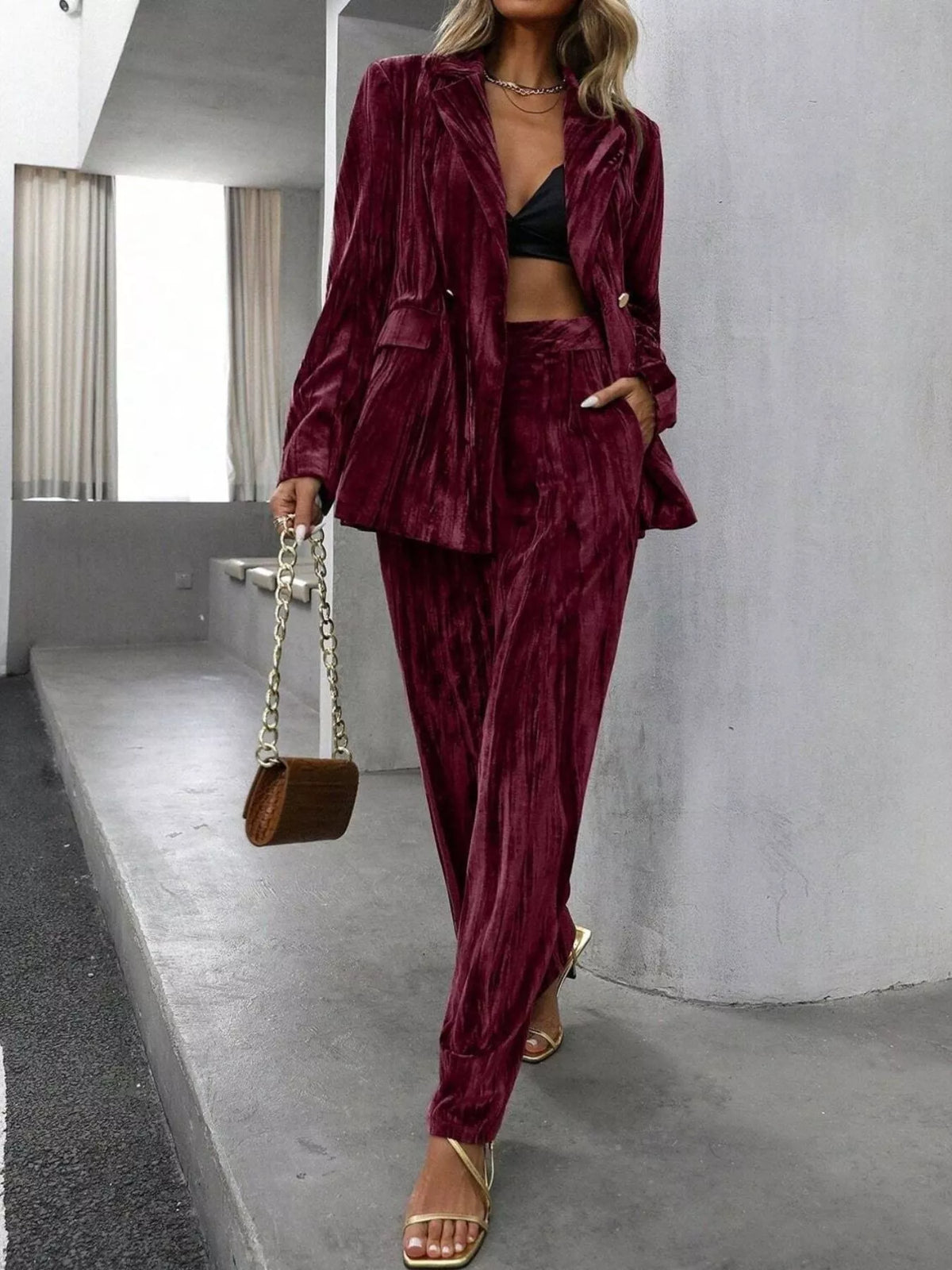 Lapel Collar Long Sleeve Blazer and Pants Set