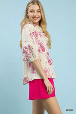 Umgee Floral Embroidered Blouse with Ruffle Trim
