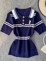 Striped Knit Polo Collar Top