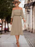 Off-Shoulder Flounce Sleeve Midi Dress