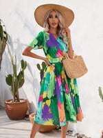 Pleated Tropical Print Belted Midi Dress