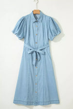 Full Buttons Collared Short Bubble Sleeve Long Denim Dress