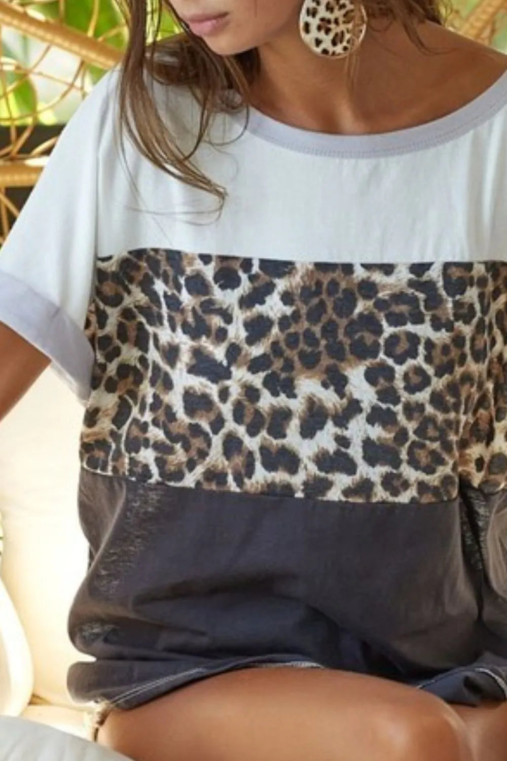 BiBi Leopard Printed JerseyColor Block Roll Up Top