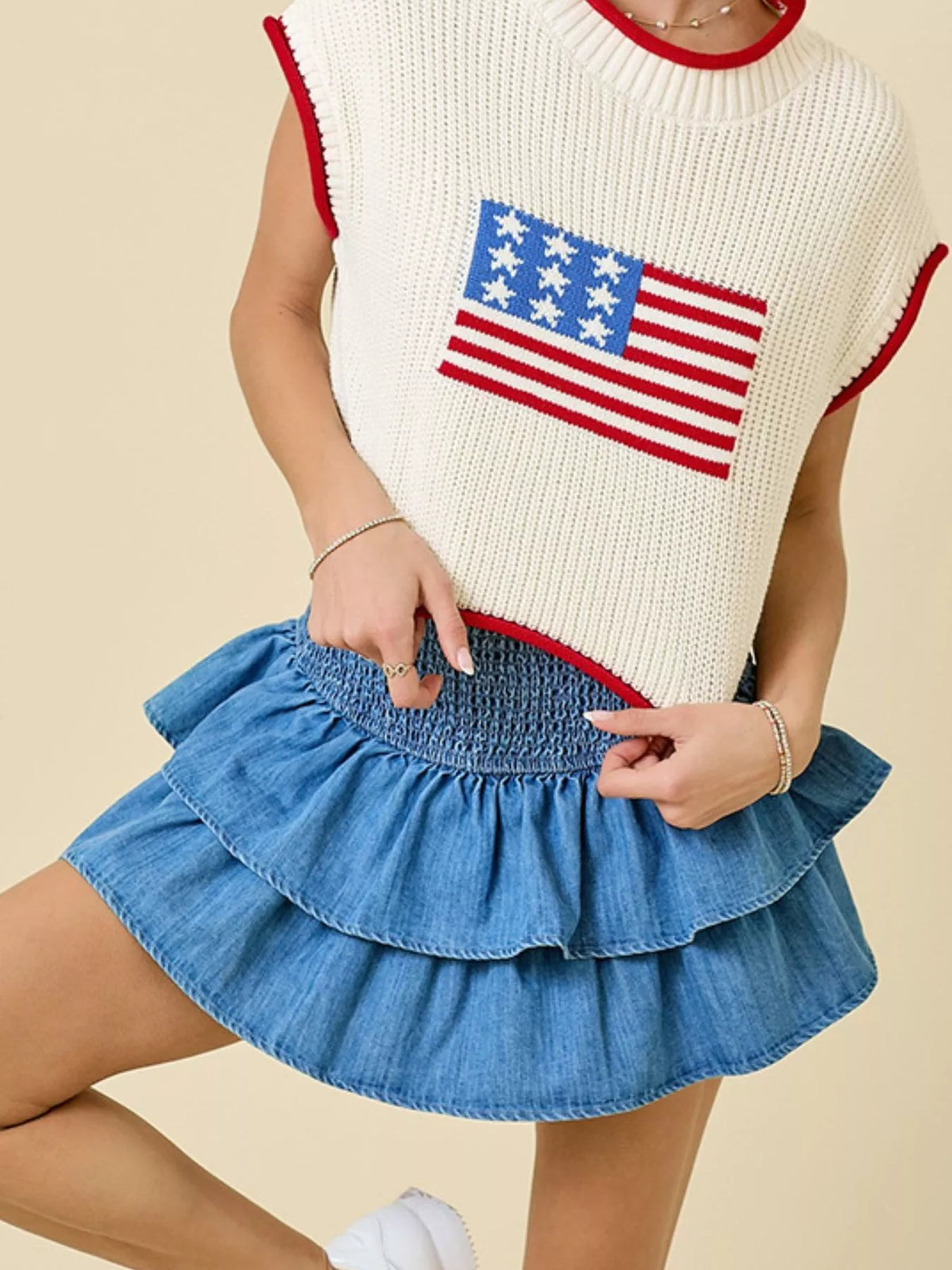 Layered Ruffle Smocked Waist Denim Skirt