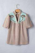 Western Pony Embroidered Yoke Puff Sleeve Gingham Blouse