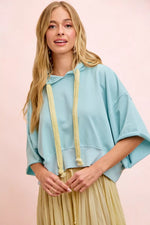 BiBi Washed Terry Short Sleeve Drawstring Hoodie Top