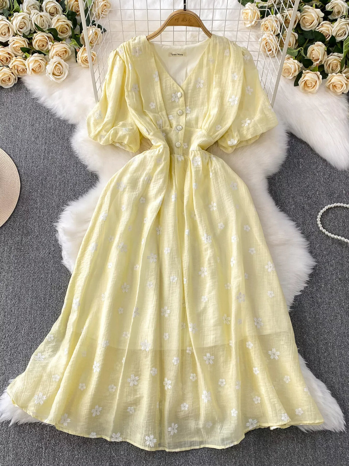 Floral Puff Sleeve A-Line Midi Dress