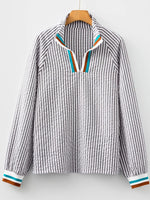 Striped Print Contrast Patchwork Detail Split Neck Blouse