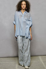 POL Button Down Embroidered Floral High-Low Hem Shirt