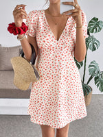 Floral Print V-Neck Puff Sleeve Mini Dress
