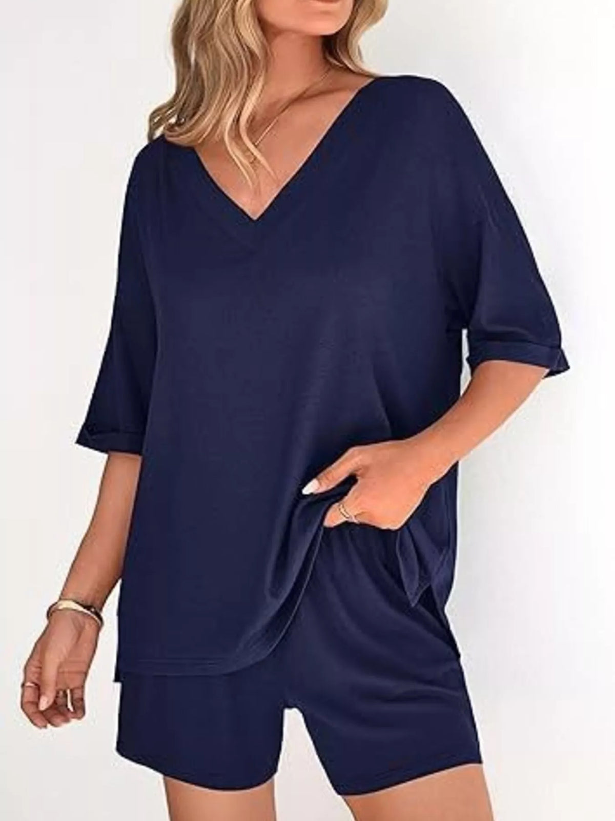 Solid Color V-Neck and Shorts Set