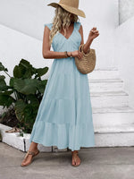 V-Neck Tiered Dress with Flutter Sleeves